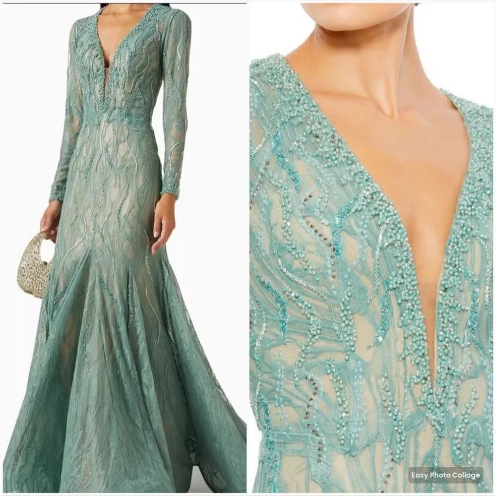 Mac Duggal 79291 Womens BEADED ILLUSION LONG SLEEVE PLUNGE NECK GOWN